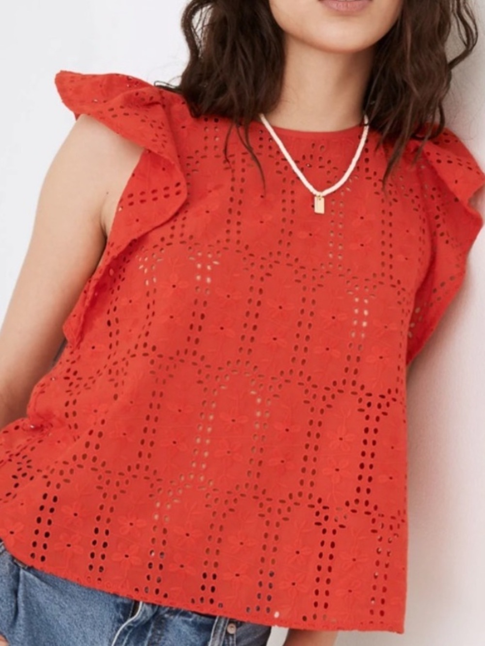 Madewell Red Eyelet Crewneck Ruffle Sleeve Coastal Feminine Top- XS